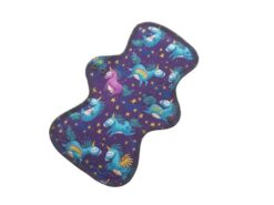 Pictured is a 11" zero waste sanpro pad. The top fabric is of dancing unicorns floating in a purple night sky with stars and rainbows printed on organic cotton jersey. This pad is great for heavy flow menstruation and is backed with a sport fleece which is extremely water resistant.