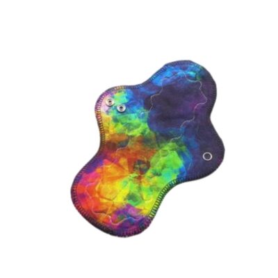A 9" reusable cloth pad with abstract rainbow cotton jersey top fabric, hemp fleece/cotton sherpa absorbent core, and nickel free metal snap closures.