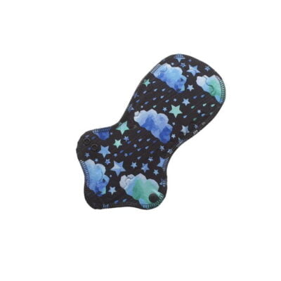 A Frontbleeder shape cloth pad with Blue Kaledoscope Sky cotton jersey top fabric.