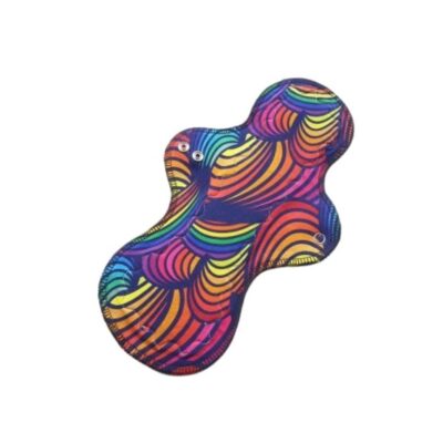 Pictured is a Sergio shaped cloth sanitary pad with a rainbow waves organic cotton jersey top fabric.