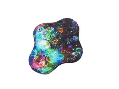 A 7" cloth sanitary pad with rainbow abstract bubbles cotton jersey top fabric.