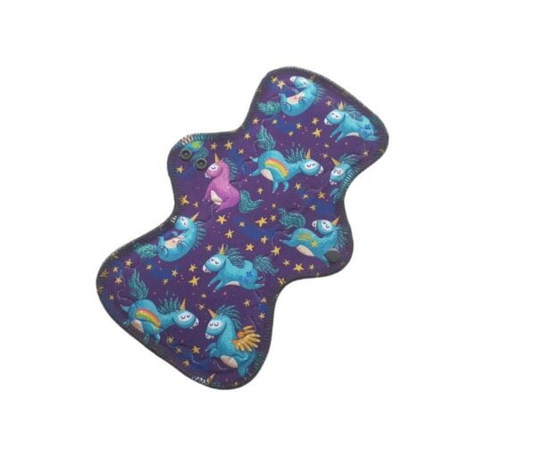 Pictured is a 11" zero waste sanpro pad. The top fabric is of dancing unicorns floating in a purple night sky with stars and rainbows printed on organic cotton jersey. This pad is great for heavy flow menstruation and is backed with a sport fleece which is extremely water resistant.