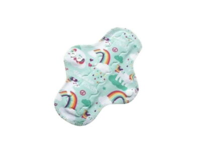 This is an 8" long slim width washable cloth sanitary pad. The top fabric is a unicorn print with mint green background printed on organic cotton jersey. Thos pad is great for light flow days, little dribbles, cup backup, and very light incontinence.