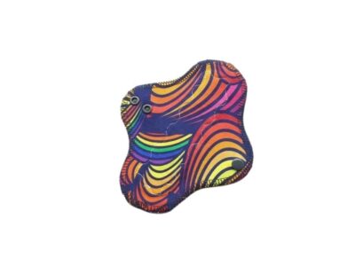 Pictured is a 7" light absorbency sustainable menstrual pad. It is made with washable fabrics to reduce waste. the top fabric is a rainbow abstract wave print on a organic cotton jersey.