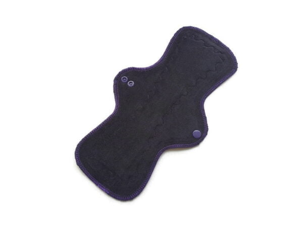 Pictured is a Anglato shape cloth menstrual pad with a black cotton velour top fabric.